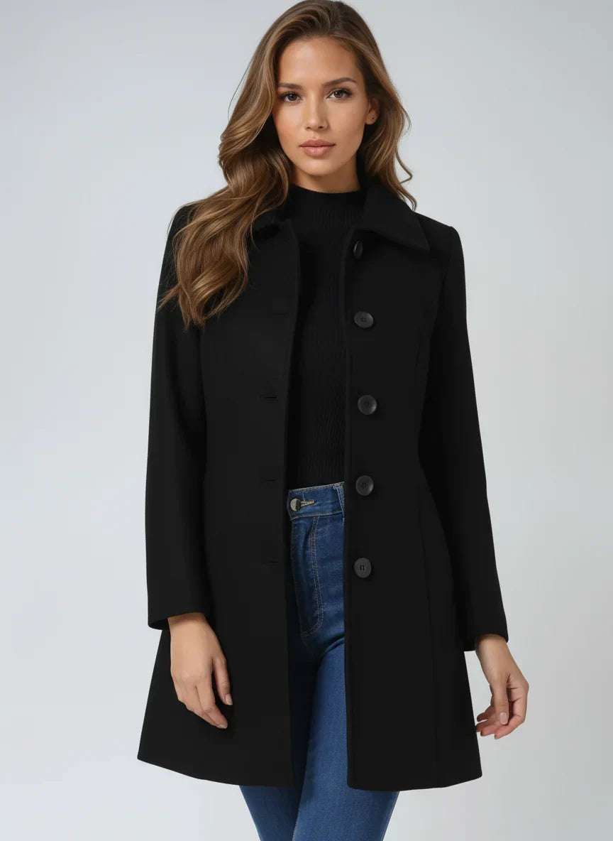 Women's black a-line wool coat with satin lining