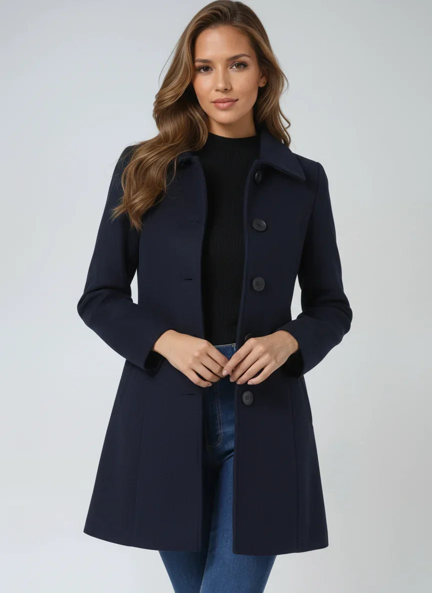 Women's navy a-line wool coat with satin lining
