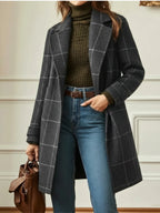 Women's charcoal windowpane check coat with wide collar