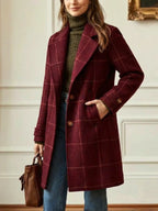 Women's burgundy windowpane check coat with wide collar