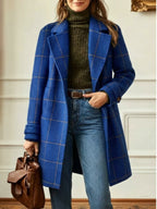 Women's blue windowpane check coat with wide collar