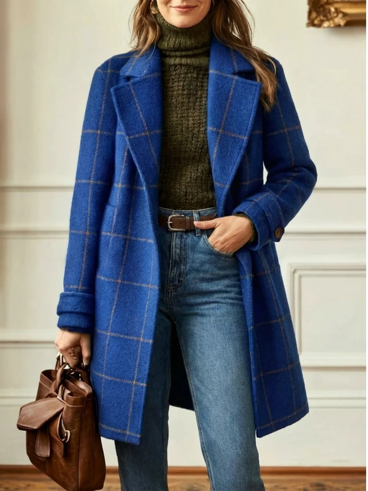 Women's blue windowpane check coat with wide collar