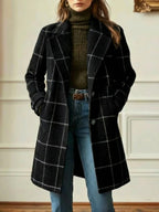 Women's black windowpane check coat with wide collar
