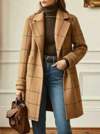 Women's camel windowpane check coat with wide collar