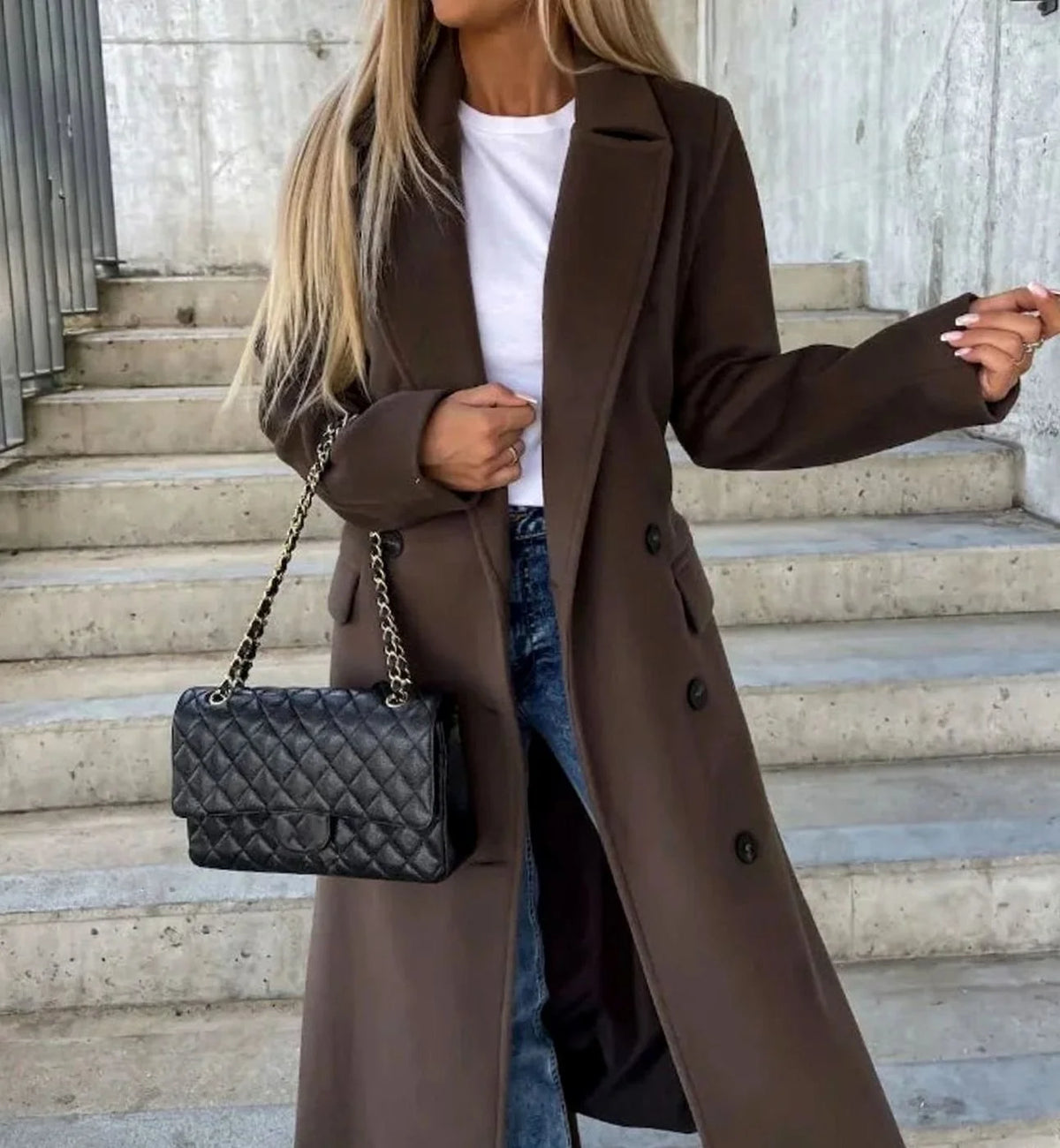 Women's dark brown long double breasted coat