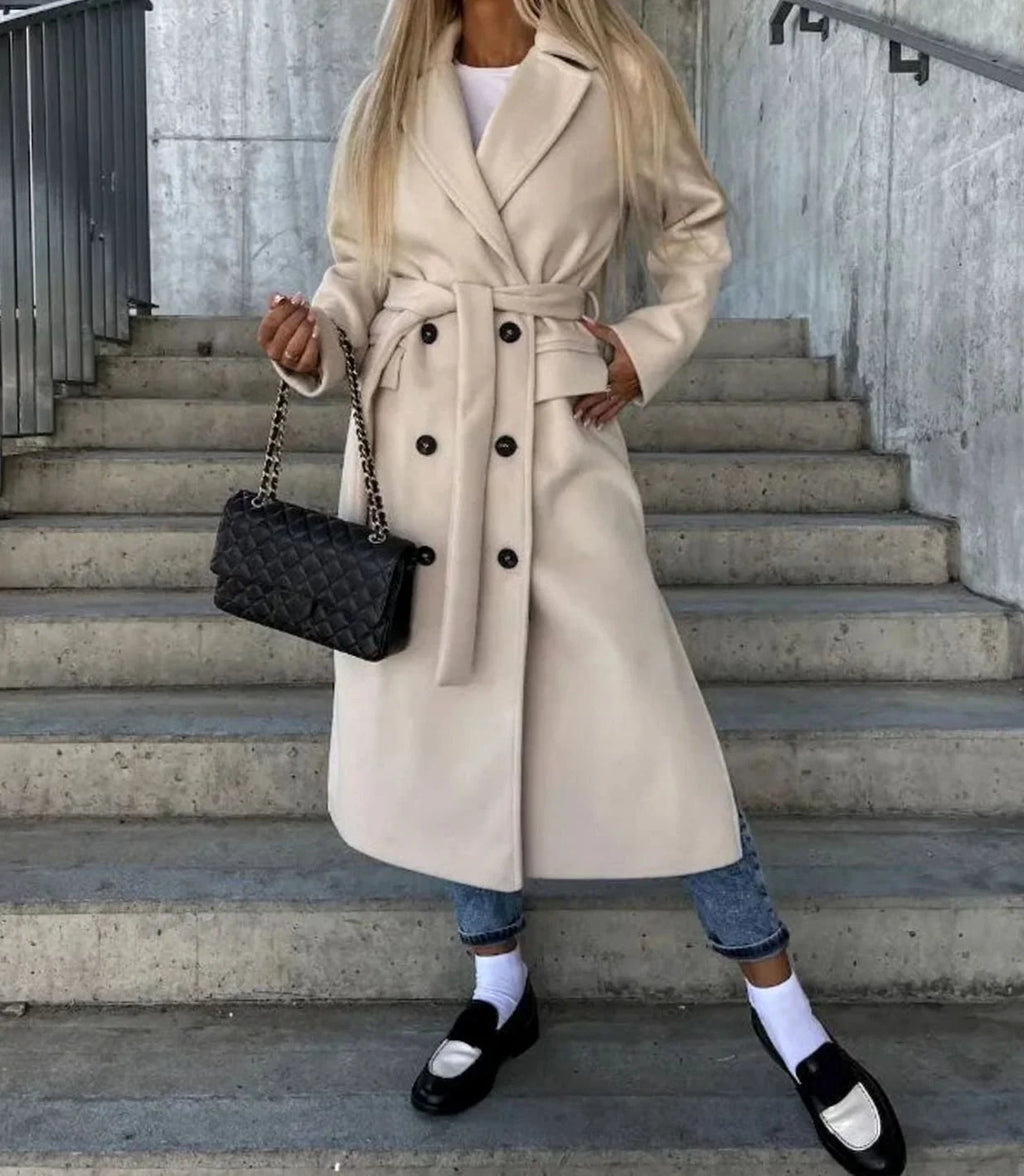 Women's cream long double breasted coat