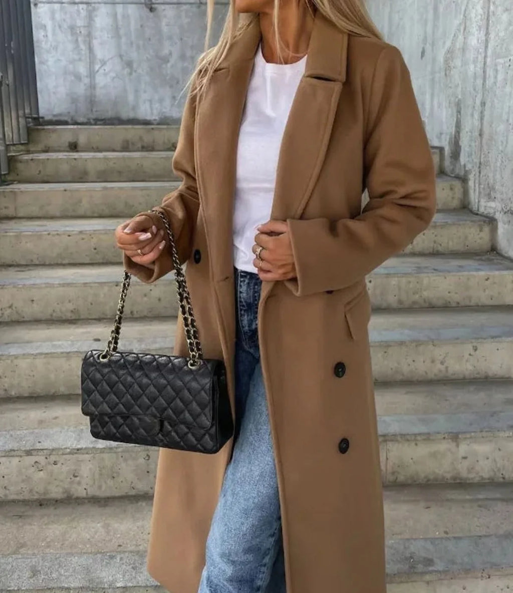 Women's camel long double breasted coat