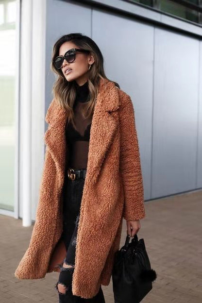 Women's dark grey longline borg teddy coat with a plush, insulated finish