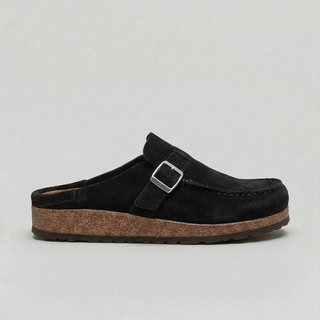 Suede-look clogs with adjustable buckle strap, product still life