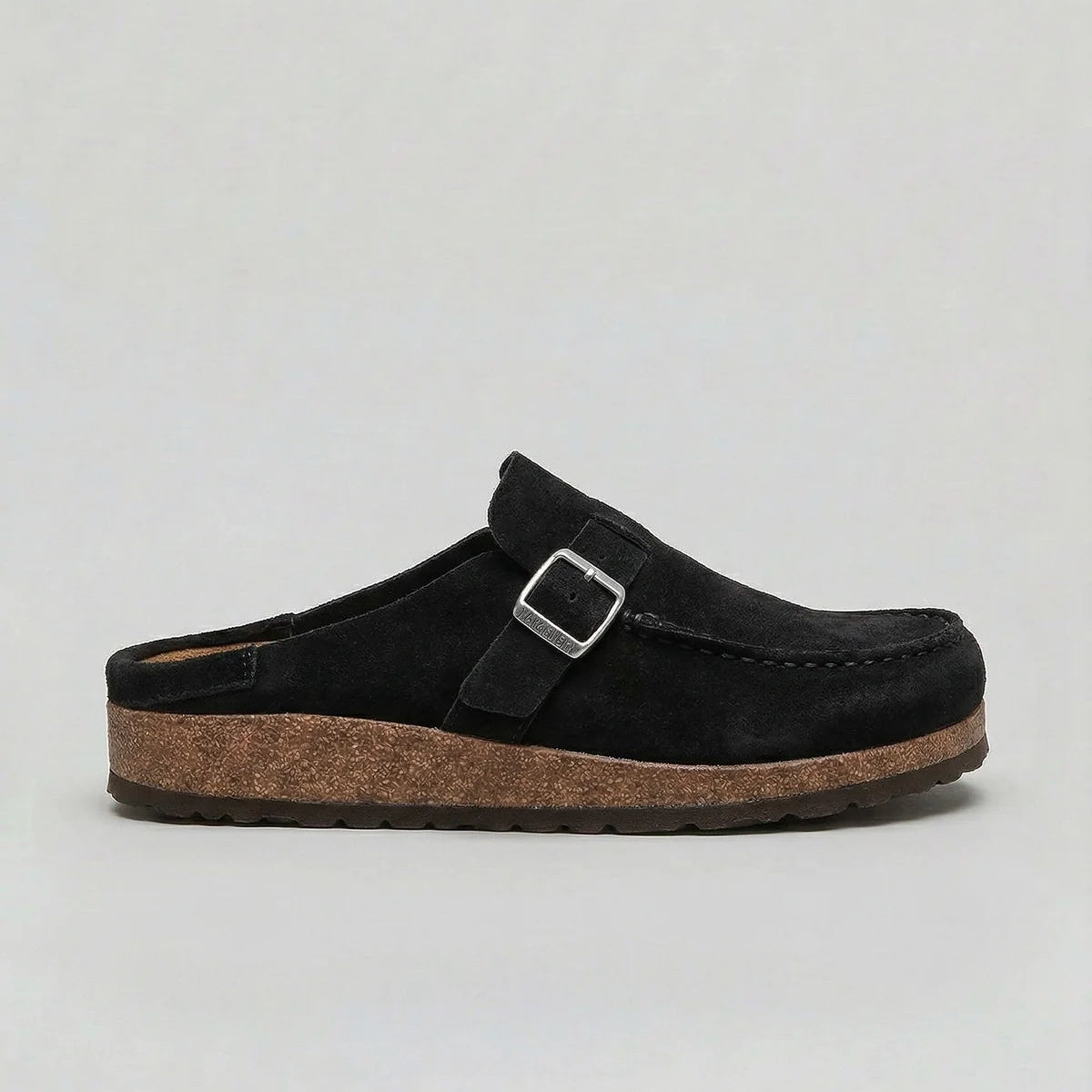 Suede-look clogs with adjustable buckle strap, product still life