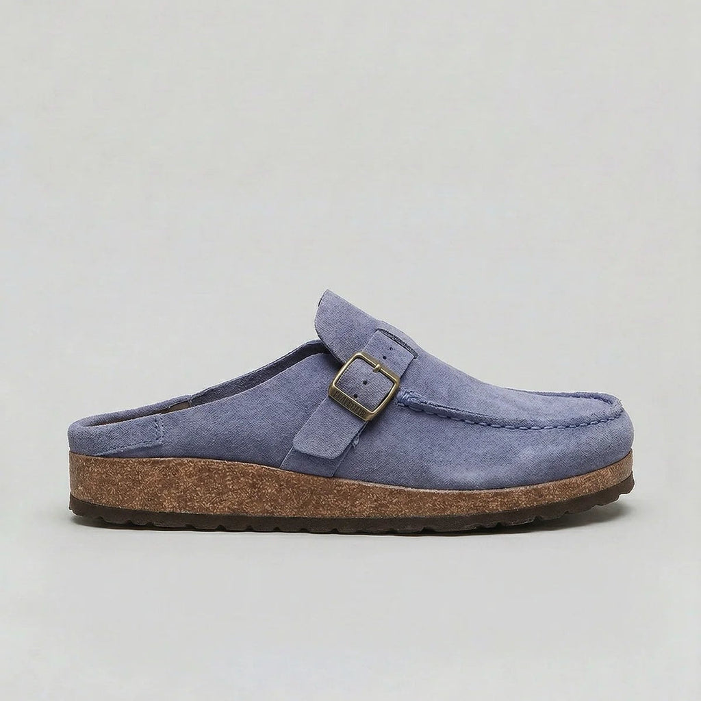 Suede-look clogs with adjustable buckle strap, product still life
