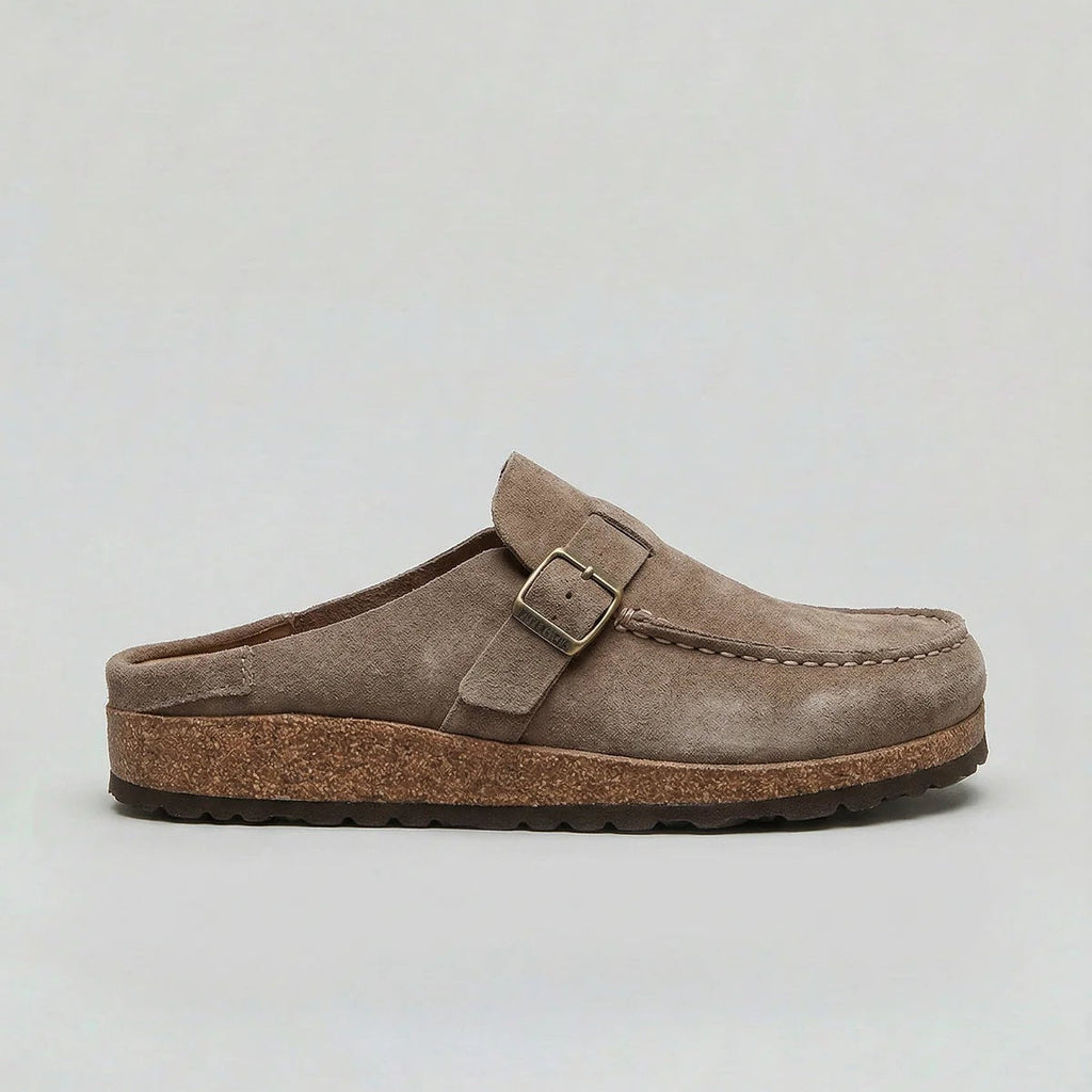 Suede-look clogs with adjustable buckle strap, product still life