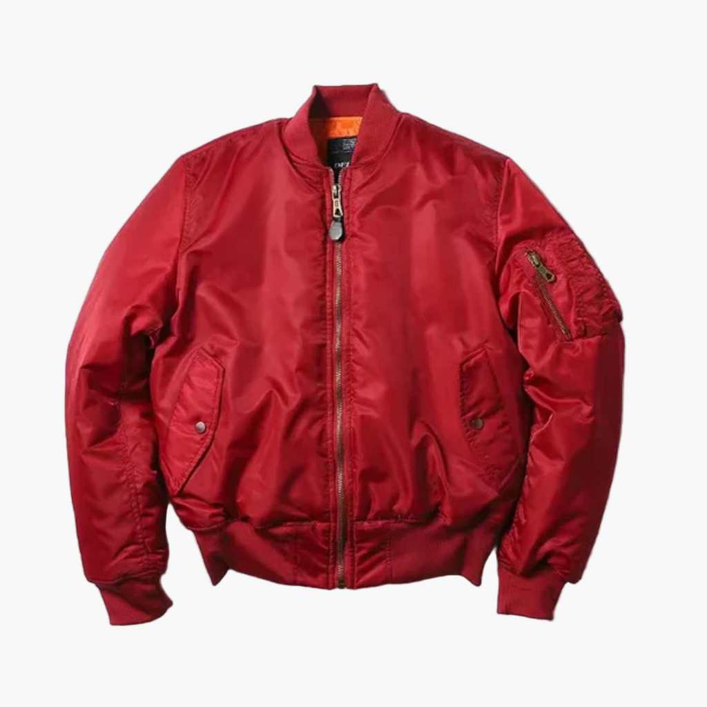 Unisex red bomber jacket in a classic street-style silhouette