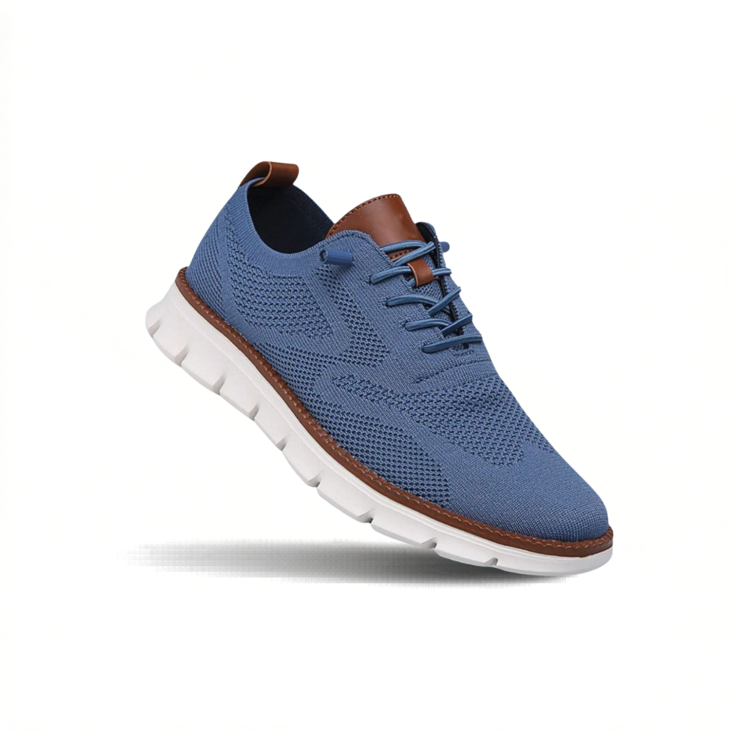 Men's blue knit oxford style trainers with a lightweight sole