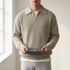 Men's sage quarter zip polo jumper with ribbed cuffs and hem