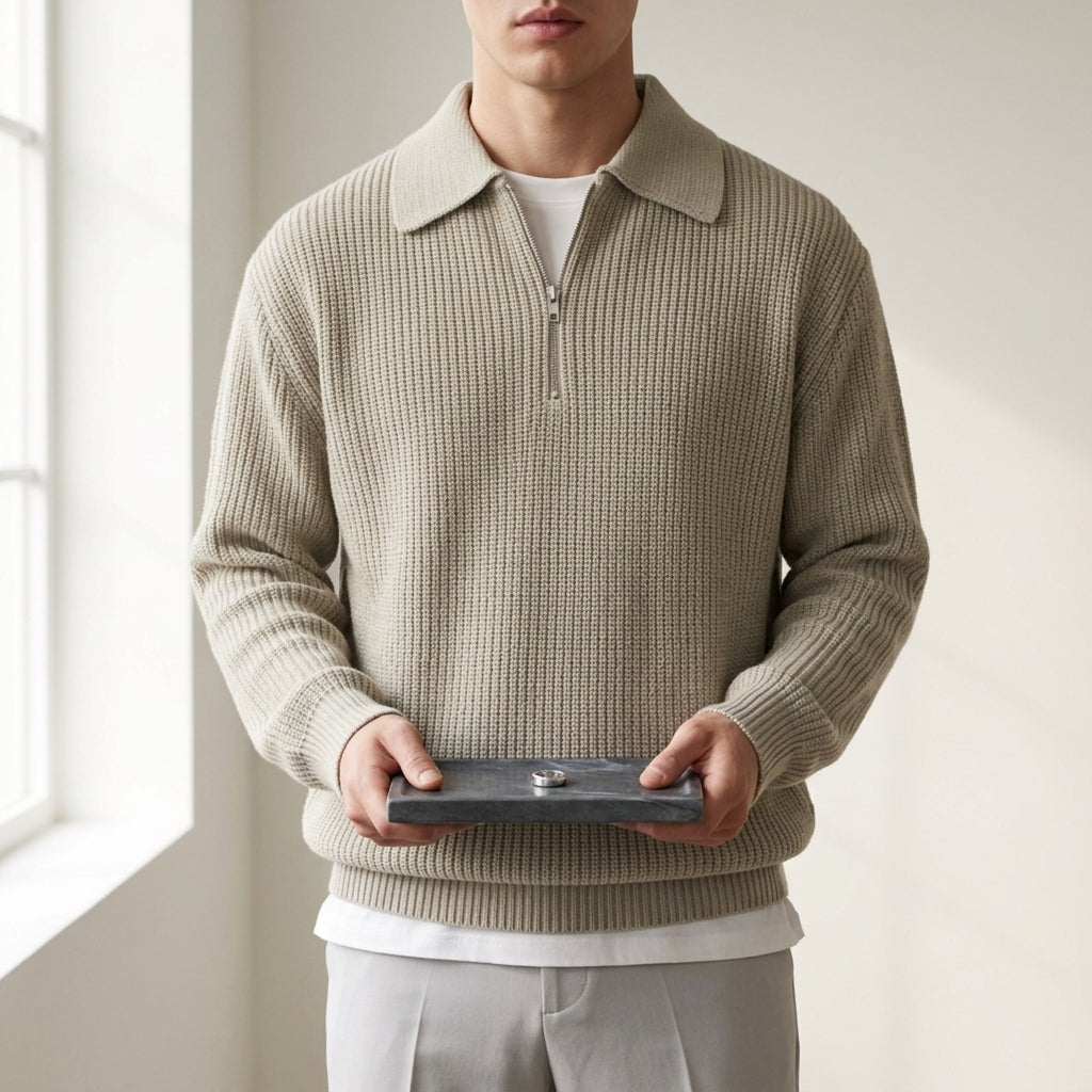 Men's sage quarter zip polo jumper with ribbed cuffs and hem