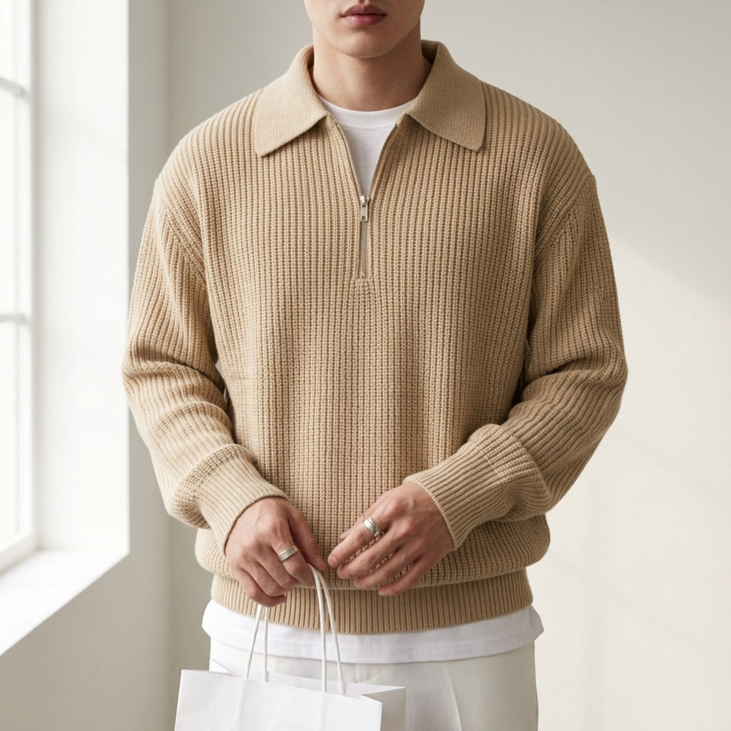 Men's sage quarter zip polo jumper with ribbed cuffs and hem