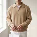 Men's sage quarter zip polo jumper with ribbed cuffs and hem