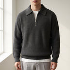 Men's sage quarter zip polo jumper with ribbed cuffs and hem