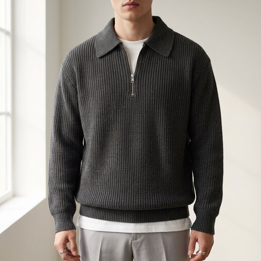 Men's sage quarter zip polo jumper with ribbed cuffs and hem