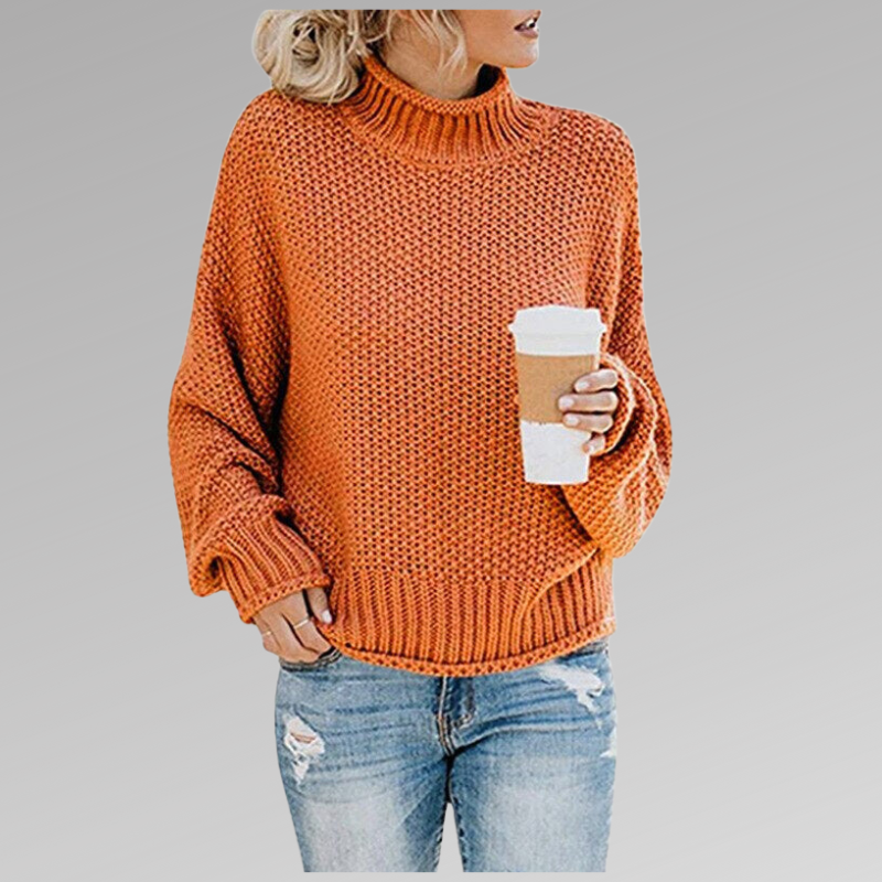 Women's Orange Chunky Knit Oversized Turtleneck Jumper for Autumn
