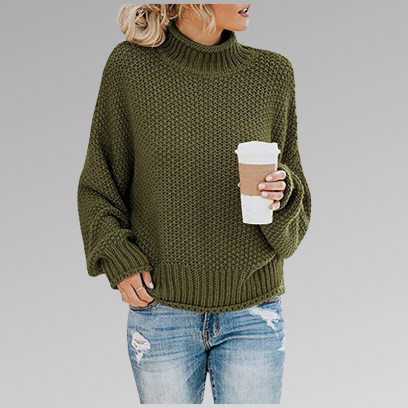 Women's Green Chunky Knit Oversized Turtleneck Jumper for Autumn