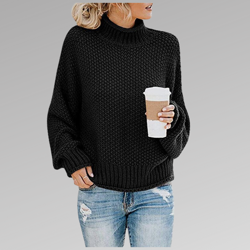 Women's Black Chunky Knit Oversized Turtleneck Jumper for Autumn