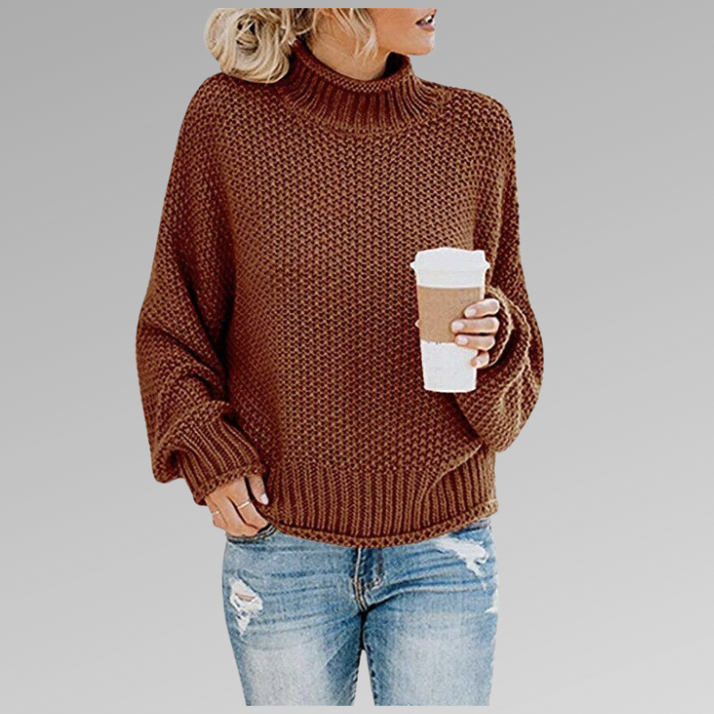 Women's Brown Chunky Knit Oversized Turtleneck Jumper for Autumn