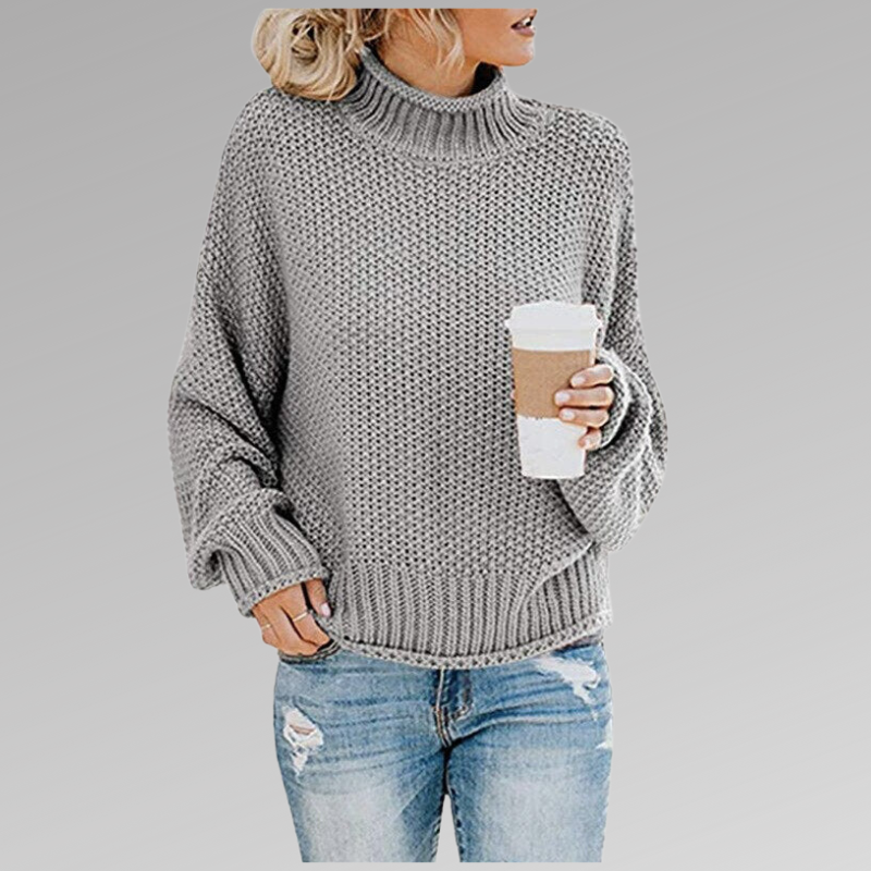 Women's Grey Chunky Knit Oversized Turtleneck Jumper for Autumn
