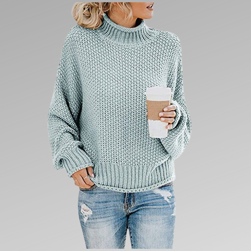 Women's Sky Blue Chunky Knit Oversized Turtleneck Jumper for Autumn