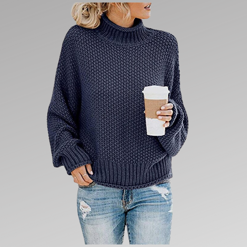 Women's Blue Chunky Knit Oversized Turtleneck Jumper for Autumn