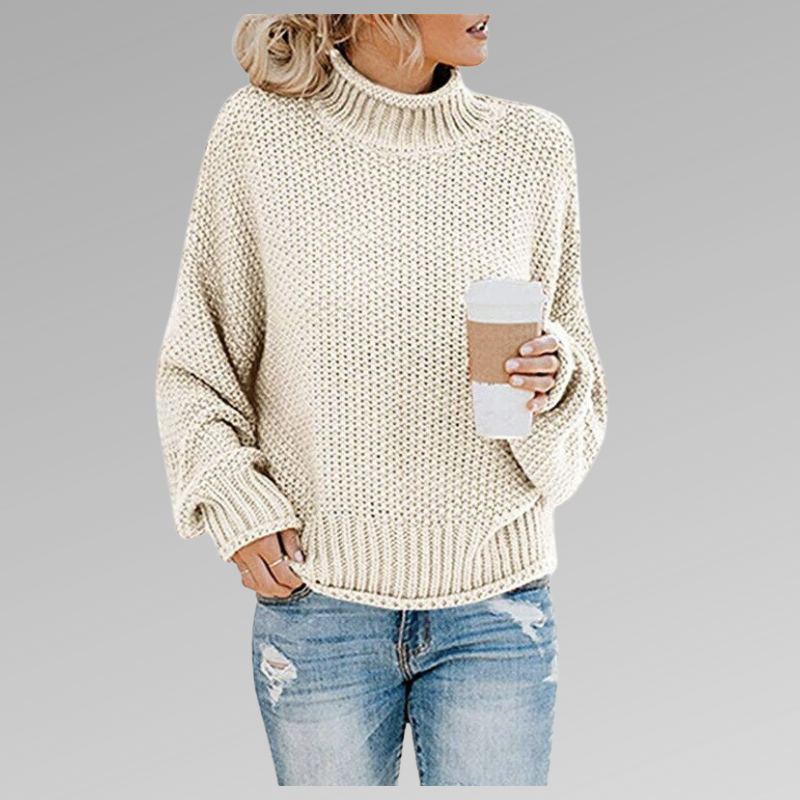 Women's White Chunky Knit Oversized Turtleneck Jumper for Autumn
