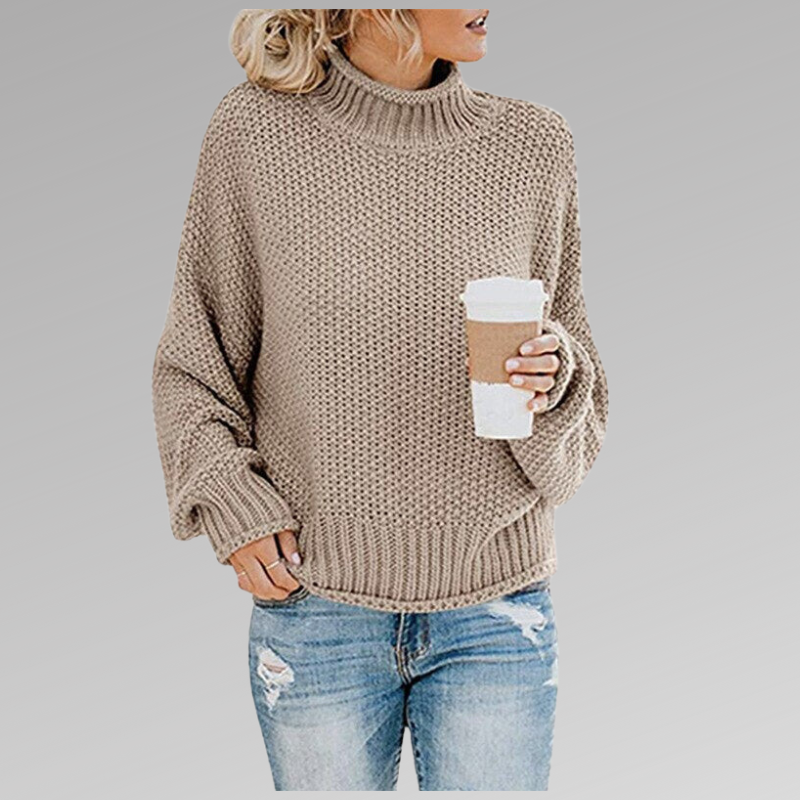 Women's Beige Chunky Knit Oversized Turtleneck Jumper for Autumn