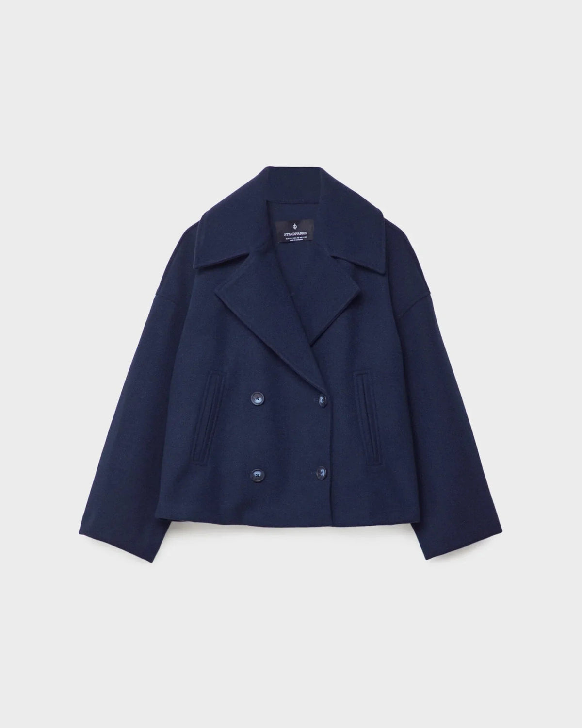 Women's navy short double-breasted wool blend overcoat for autumn