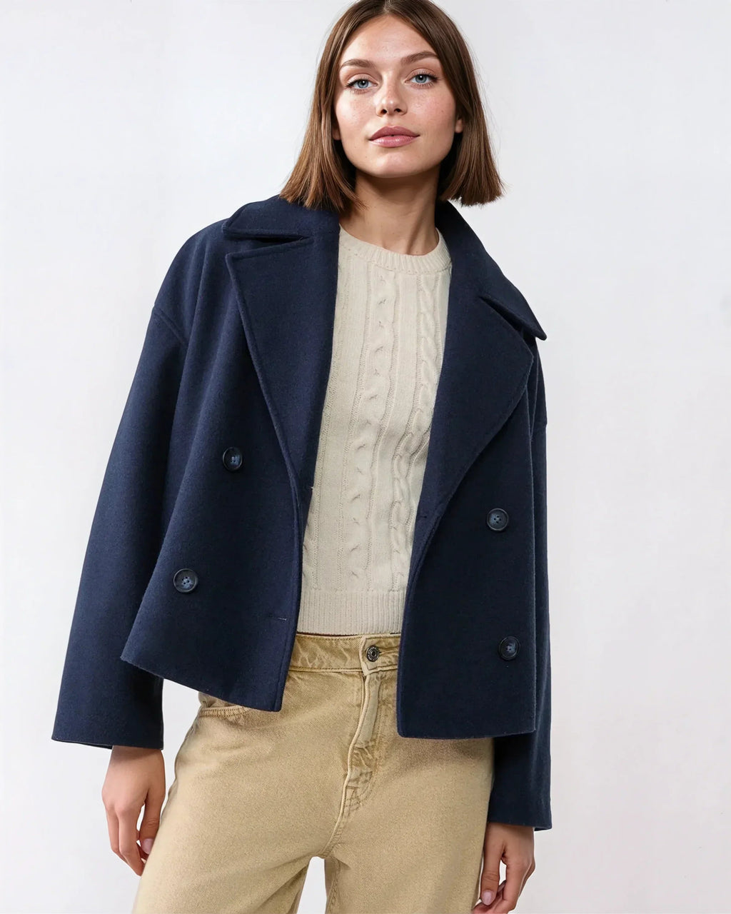 Women's navy short double-breasted wool blend overcoat for autumn