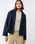 Women's navy short double-breasted wool blend overcoat for autumn