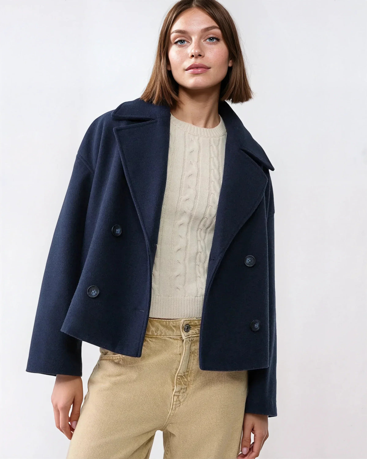 Women's navy short double-breasted wool blend overcoat for autumn