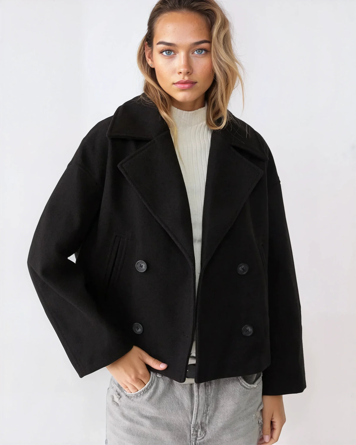 Women's navy short double-breasted wool blend overcoat for autumn