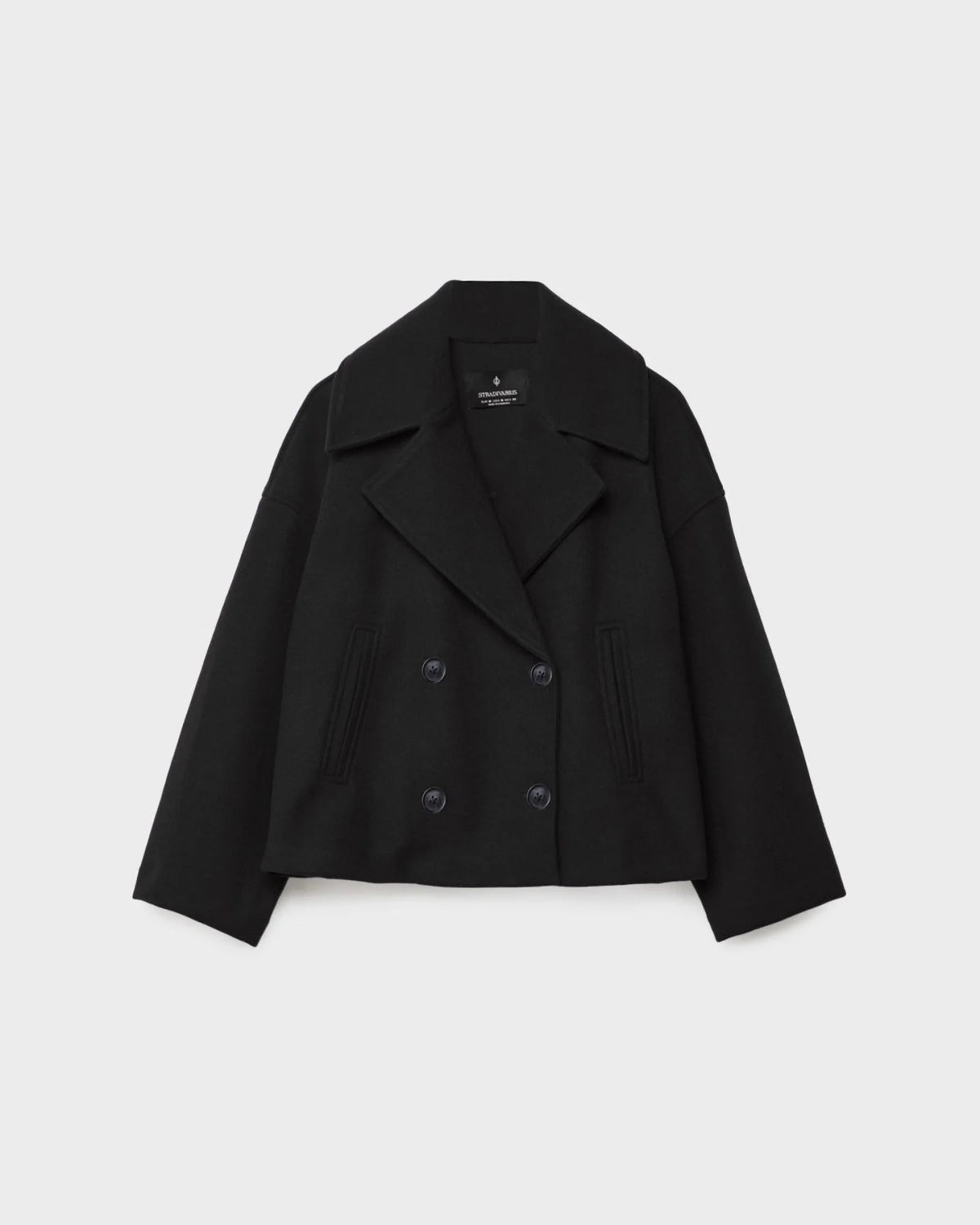 Navy blue double-breasted wool blend jacket for women in a short tailored cut