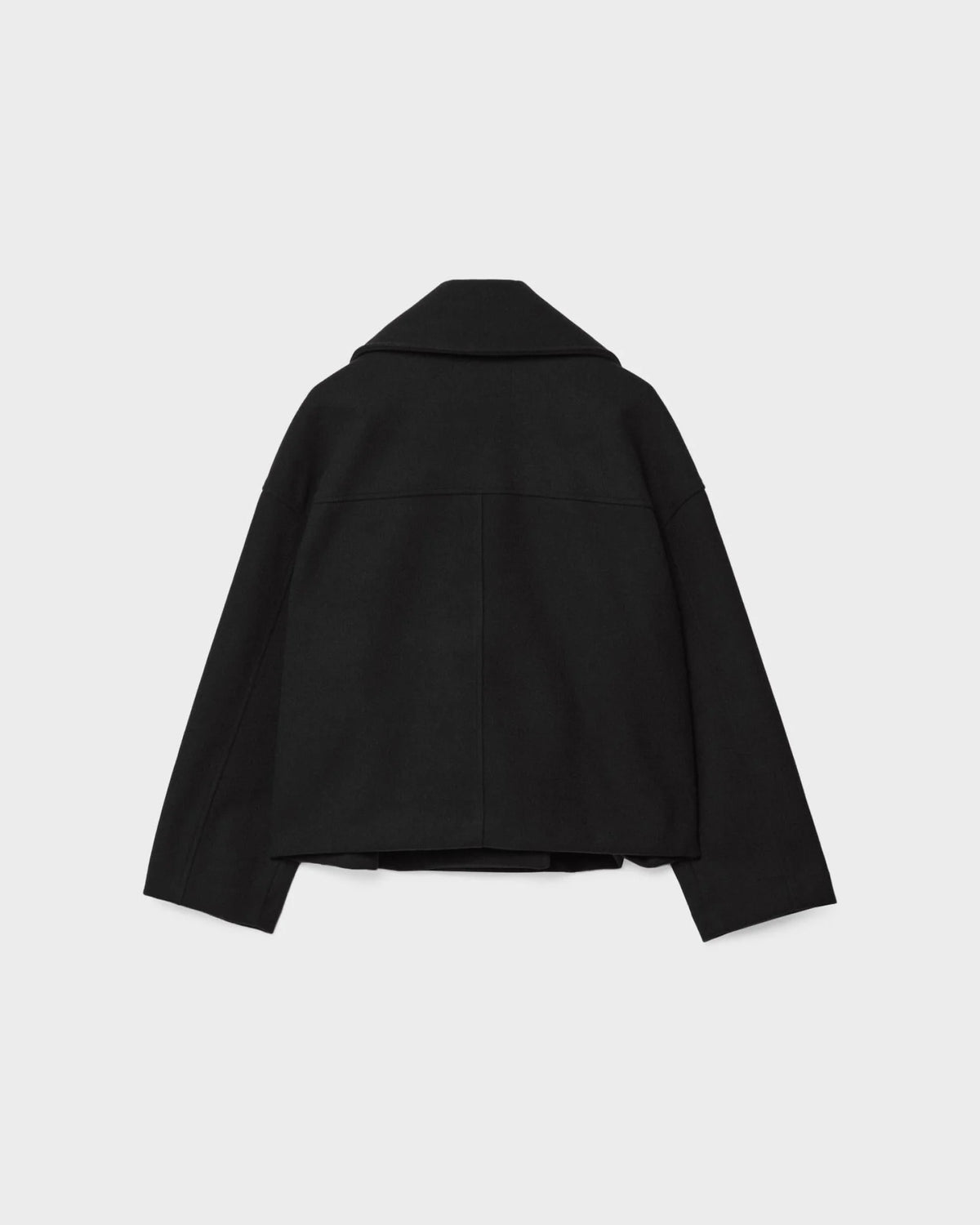 Navy blue double-breasted wool blend jacket for women in a short tailored cut