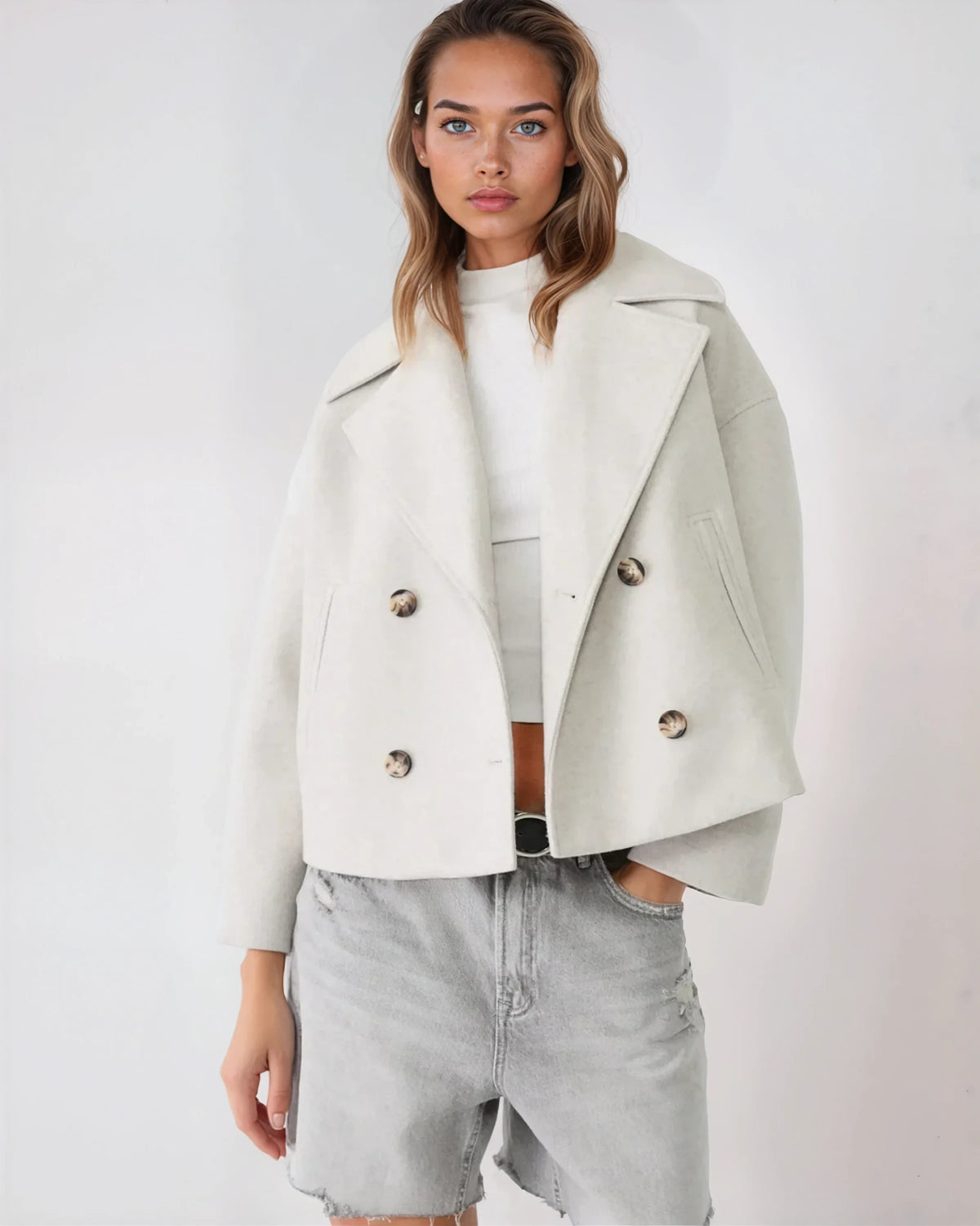 Navy blue double-breasted wool blend jacket for women in a short tailored cut