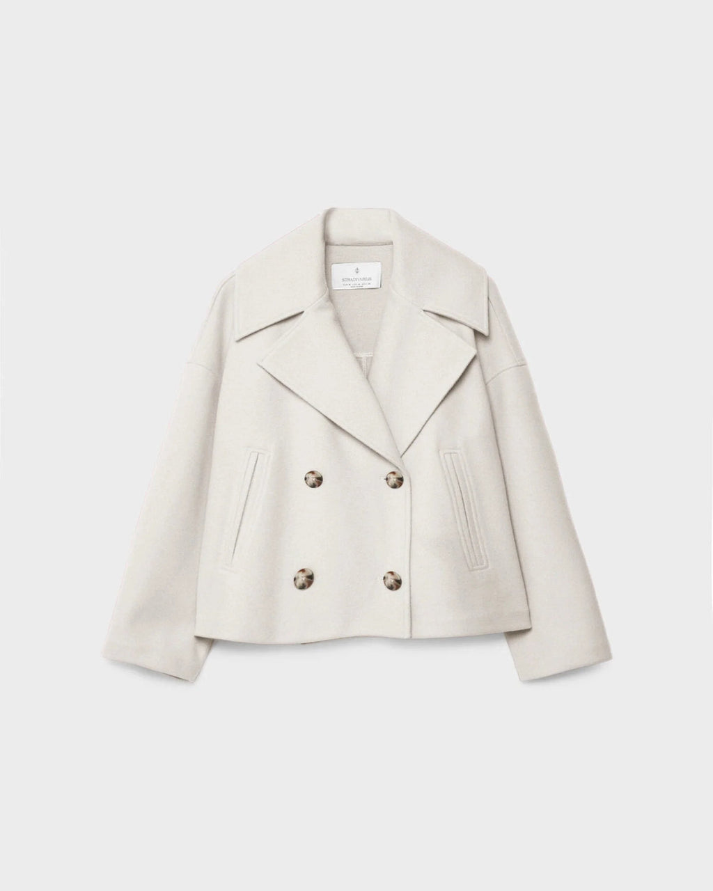 Navy blue double-breasted wool blend jacket for women in a short tailored cut