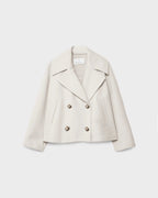 Navy blue double-breasted wool blend jacket for women in a short tailored cut