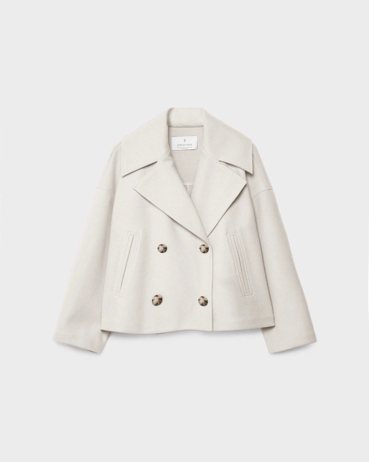 Navy blue double-breasted wool blend jacket for women in a short tailored cut