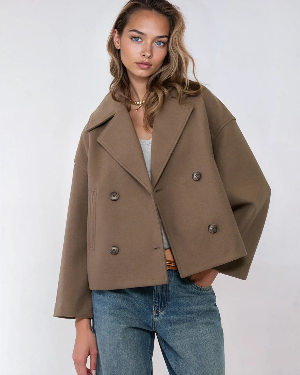 Women's black short double-breasted wool blend overcoat for autumn