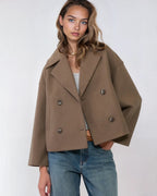 Women's black short double-breasted wool blend overcoat for autumn