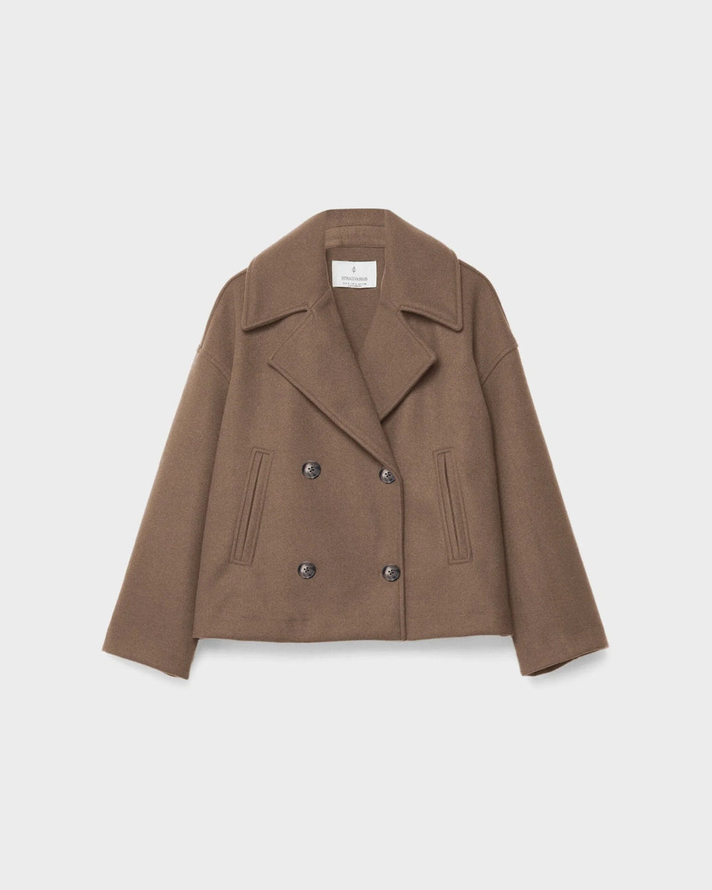 Women's black short double-breasted wool blend overcoat for autumn