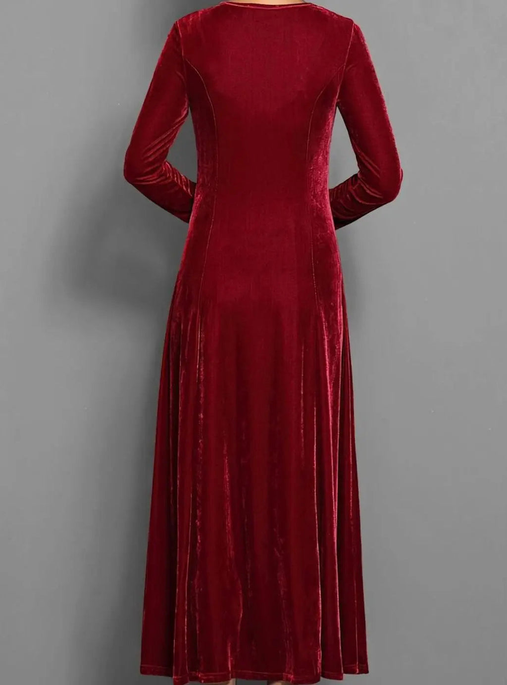 Women's velvet long sleeve maxi dress with an A line skirt, back view