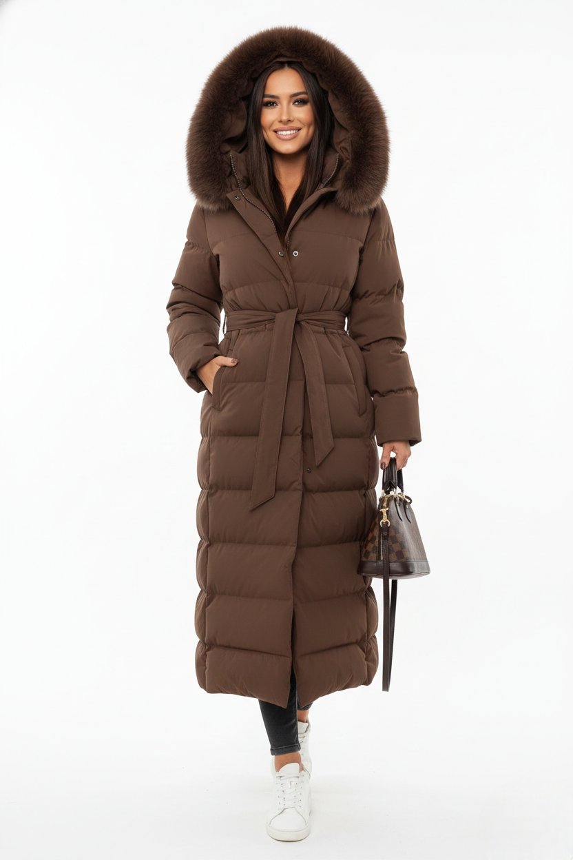 Women's black belted longline puffer coat with a faux fur collar