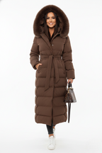 Women's black belted longline puffer coat with a faux fur collar